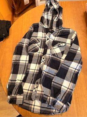 Empyre Black & White Plaid Hooded Button-Down Shirt